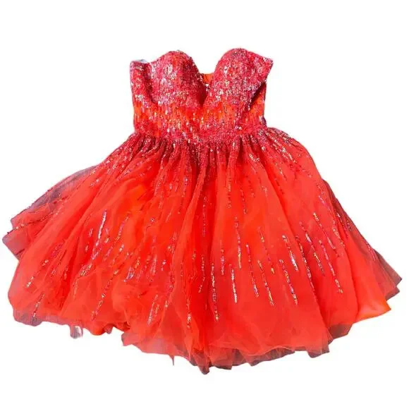Terani Couture Dresses | Terani Neon Orange Sequined Strapless Mini Babydoll Homecoming Dress 0 | Color: Orange | Size: 0 | Tayscloset15'S Closet